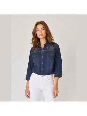 Vintage denim shirt with colorful floral beaded designs Jean shirt Jean shacket